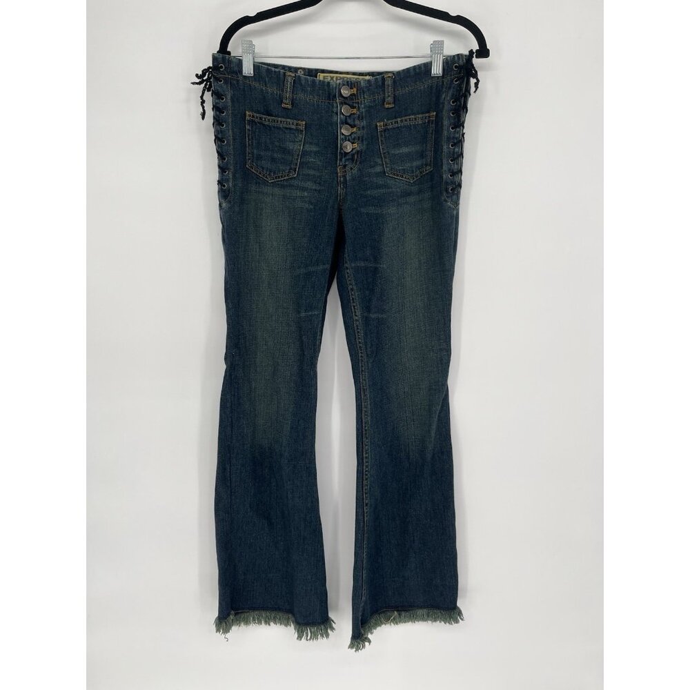 Y2K Express Bell Bottom flare Jeans Raw Hem Tie Hip details button fly 7/8‎